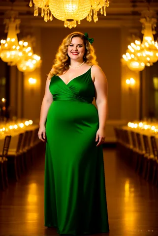 Daisy in a floor-length emerald evening gown