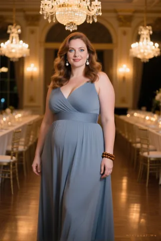 Emma in a floor-length grey blue evening gown