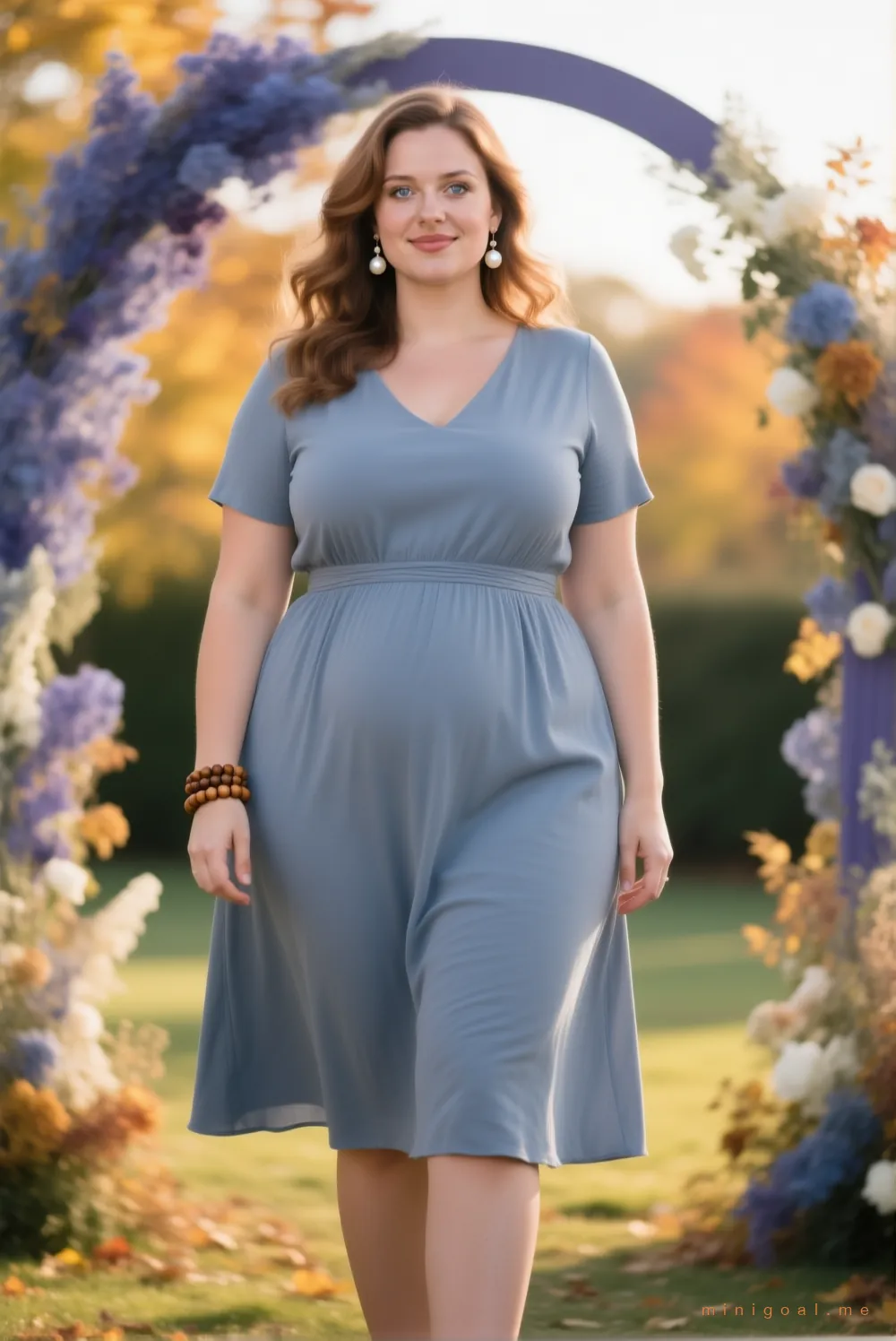Emma, a confident plus size woman wearing a wedding guest dress, under a fall wedding arch