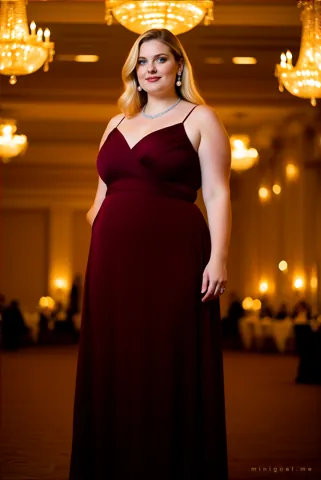 Georgia in a floor-length burgundy evening gown