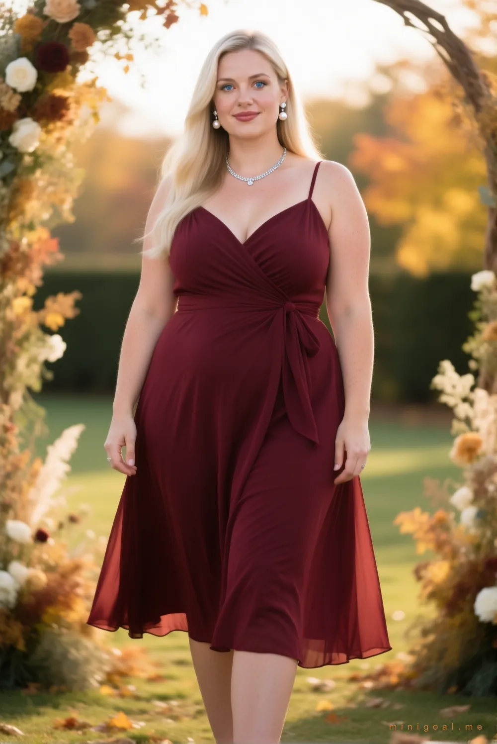 Georgia——自信的大码女性，身穿婚礼宾客裙，站在秋日婚礼拱门下
