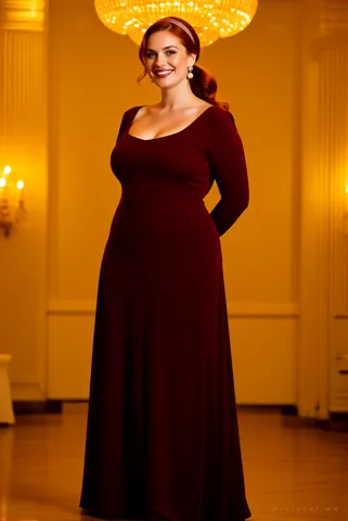 Harper in a floor-length burgundy evening gown