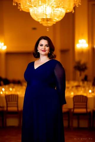Maisie in a floor-length navy evening gown