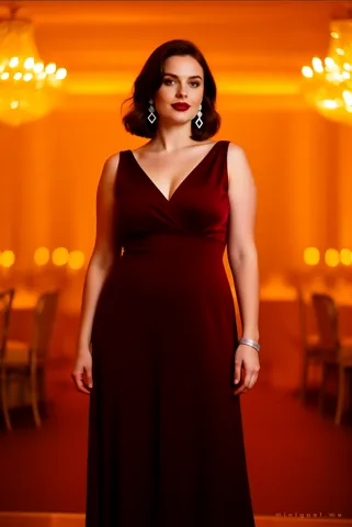 Margot in a floor-length burgundy evening gown