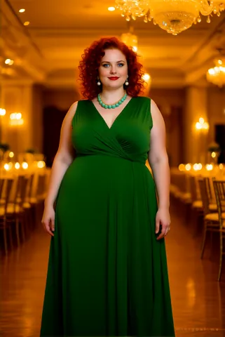 Molly in a floor-length emerald evening gown
