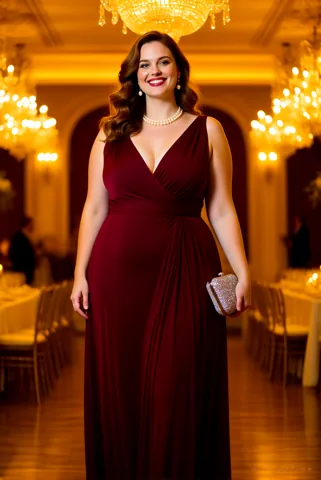 Nora in a floor-length burgundy evening gown