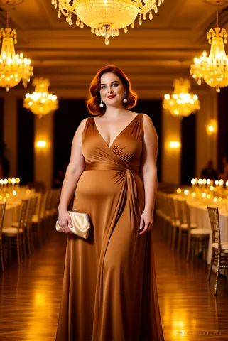 Poppy in a floor-length camel evening gown