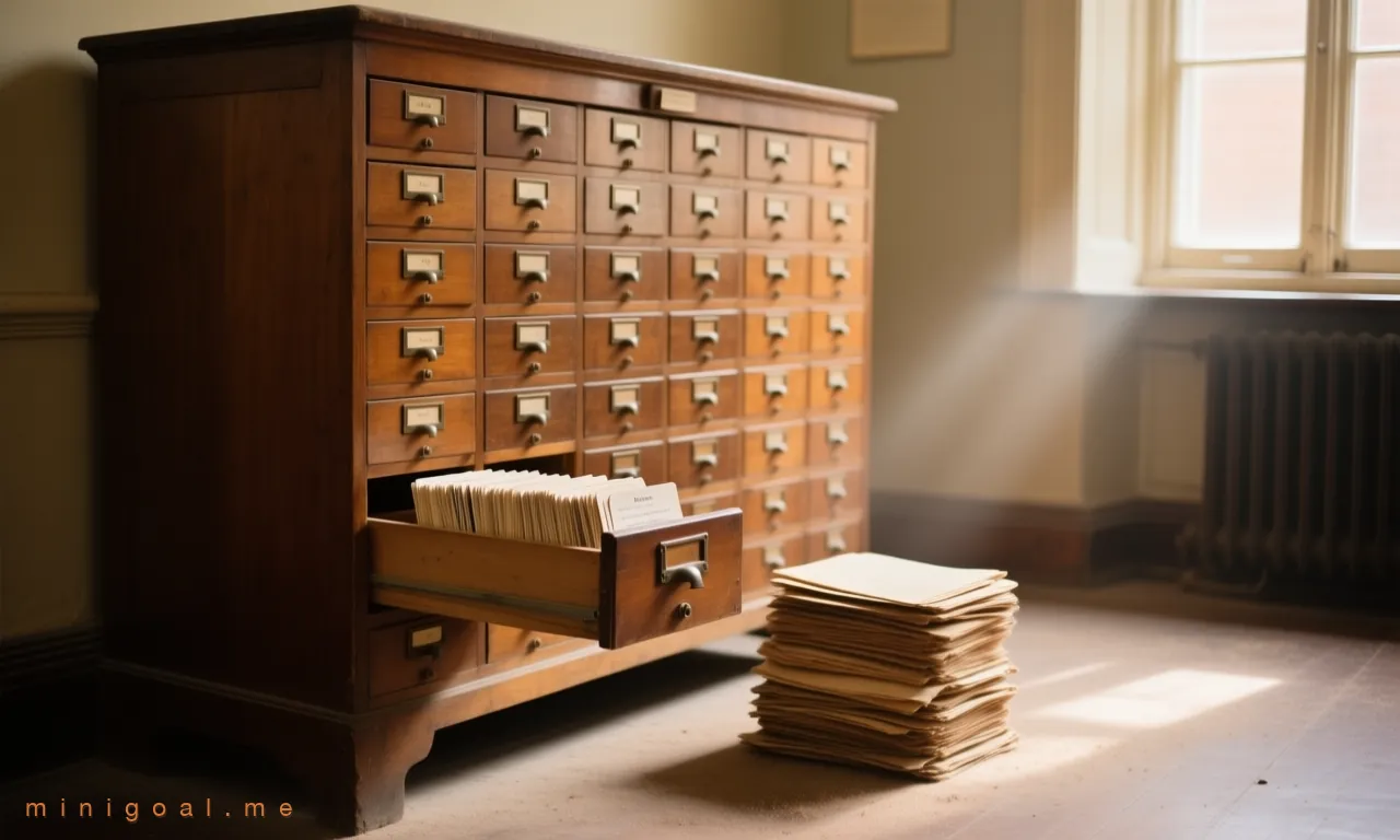 An antique card catalog cabinet in a quiet archive room with only one drawer pulled open, a stack of old folders on the floor — most files are never opened again, which is what "institutions never die" looks like