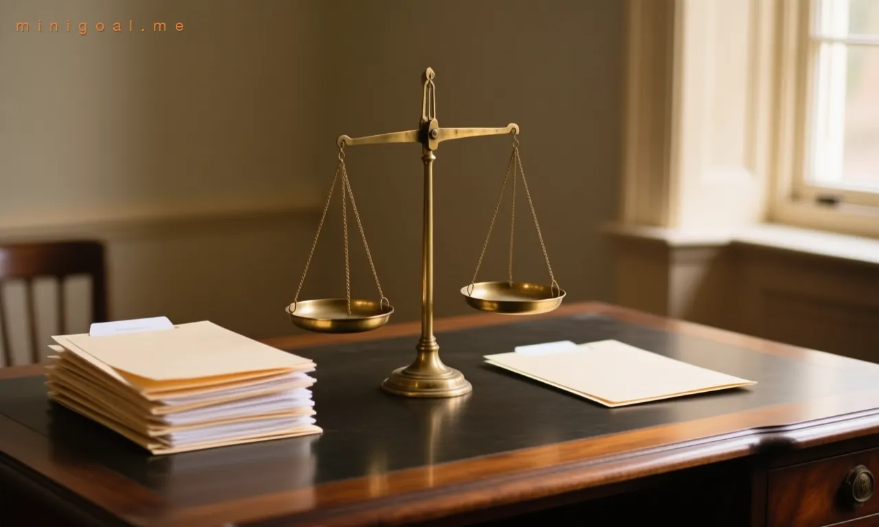 An antique brass balance scale on a dark oak desk, a stack of folders weighing down one pan and a single thin folder on the other — dead weight sits on the large files