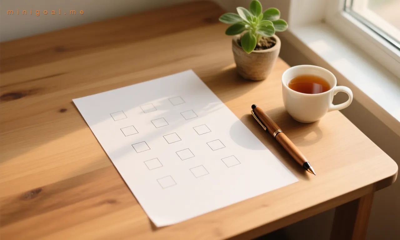 Overhead flat-lay on a warm wooden desk: a sheet of paper with empty tick boxes, a wooden pen, a cup of tea, a small potted plant, soft morning light
