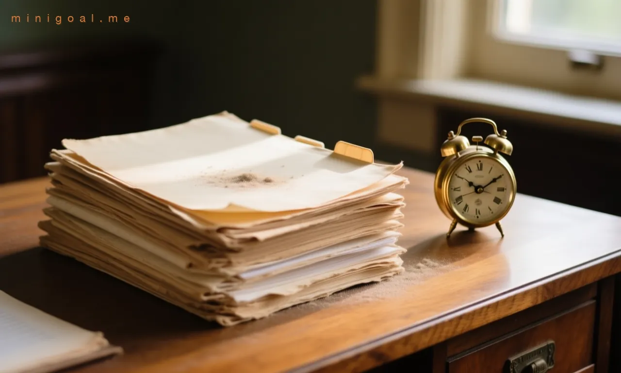 A stack of aging folders with a thin layer of dust beside a vintage brass alarm clock — the status says active, time says six and a half years