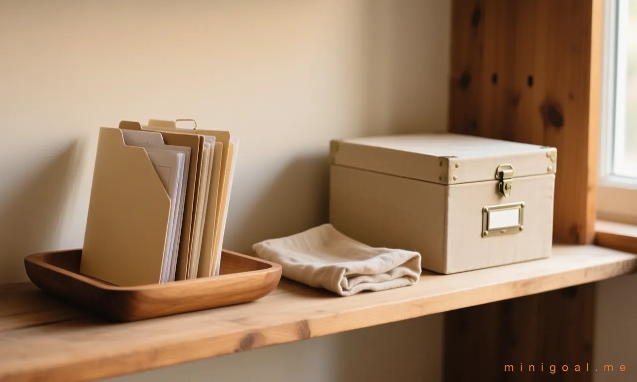 On a wooden shelf, an open tray holding a few tidy folders on the left and a closed labelled archive box on the right — the main area keeps only what is current; everything else moves to the archive