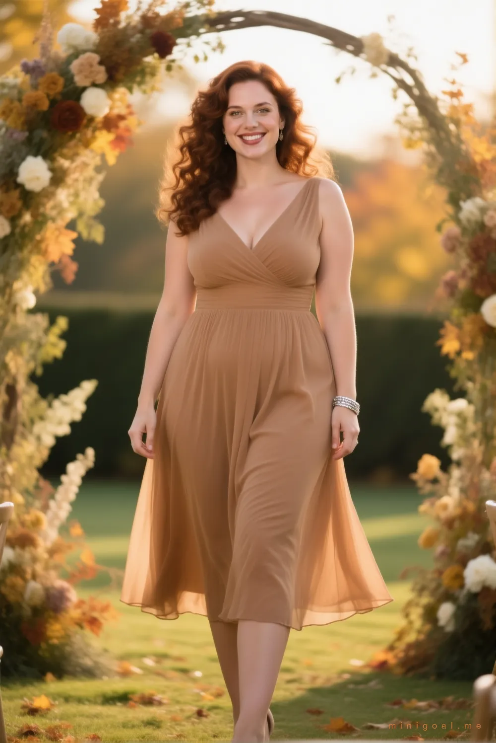 Riley, a confident plus size woman wearing a wedding guest dress, under a fall wedding arch