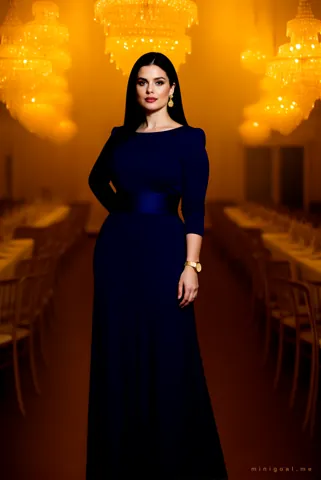 Sloane in a floor-length navy evening gown