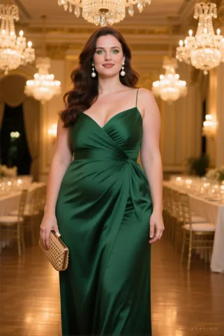 Willow in a floor-length forest green evening gown